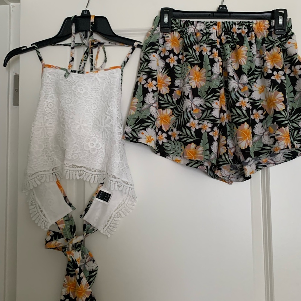 SHEIN white crop top with floral ties and matching shirts, size medium